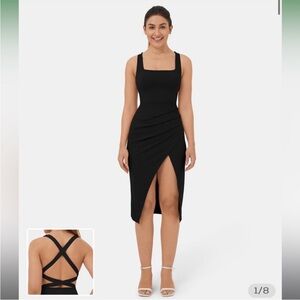 NWT Halara Airy Ruched Split Asymmetric Backless Crisscross Bodycon Midi